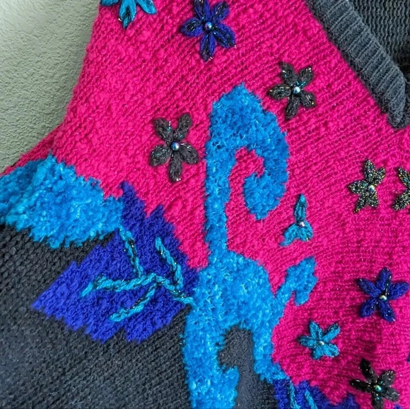 Vintage 80s Acrylic Pullover Sweater- Black Magenta Blue-Embellished Beaded Knit - Picture 7 of 12